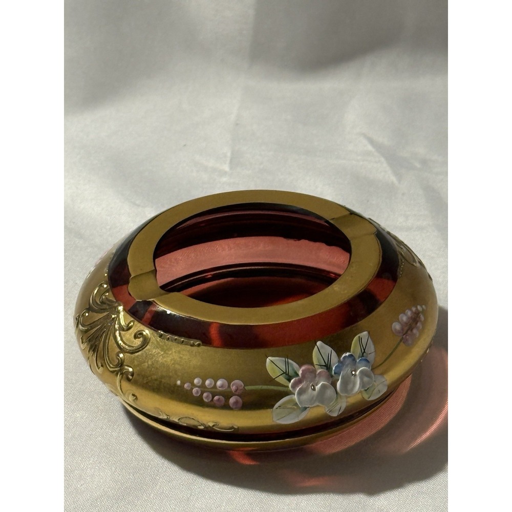 Vintage Bohemian Czech Ruby Red Glass Ashtray Gold Applied Flowers 4"